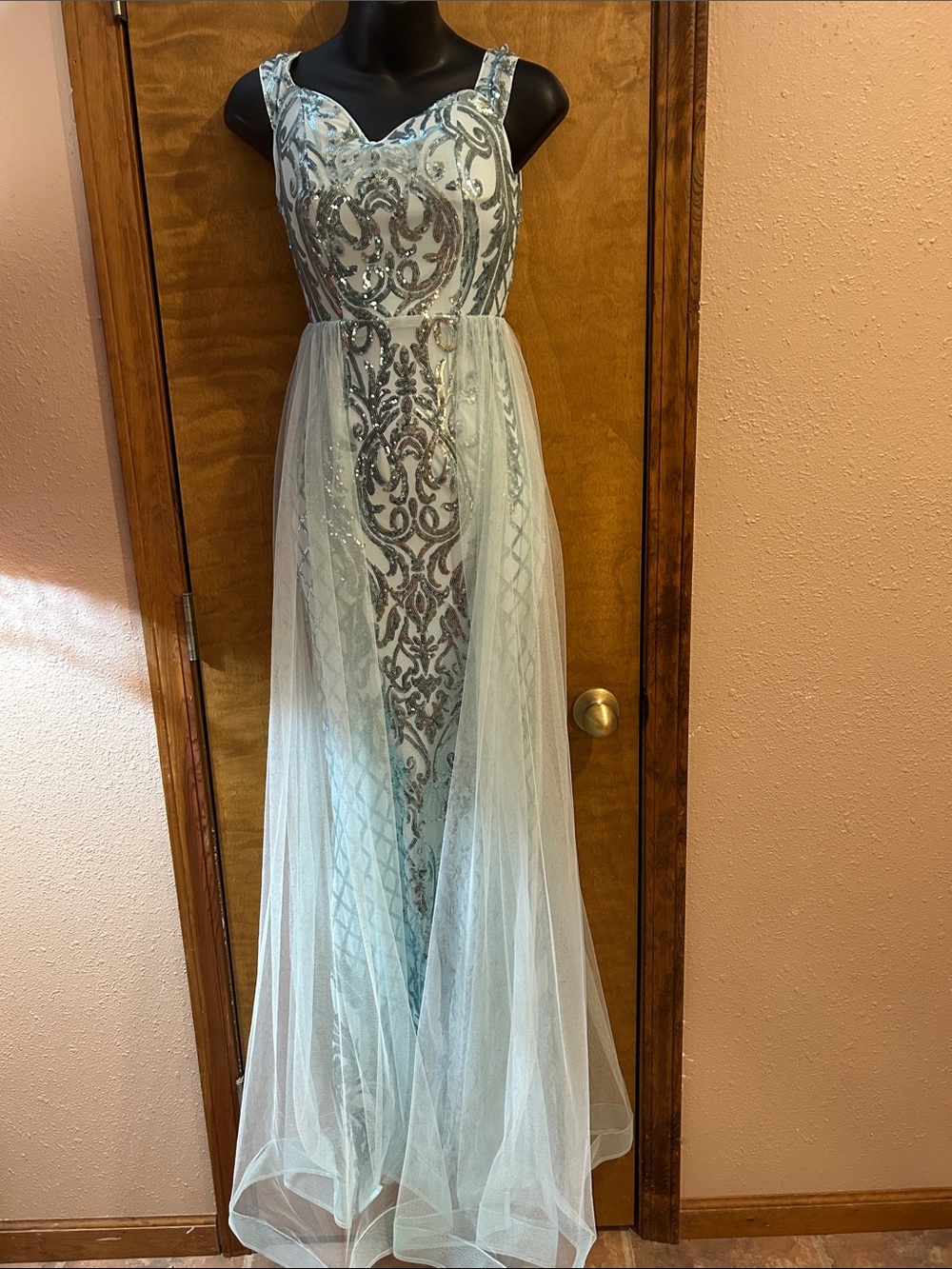 Light Blue Beaded Tulle Prom Dress with Embroidered Bodice